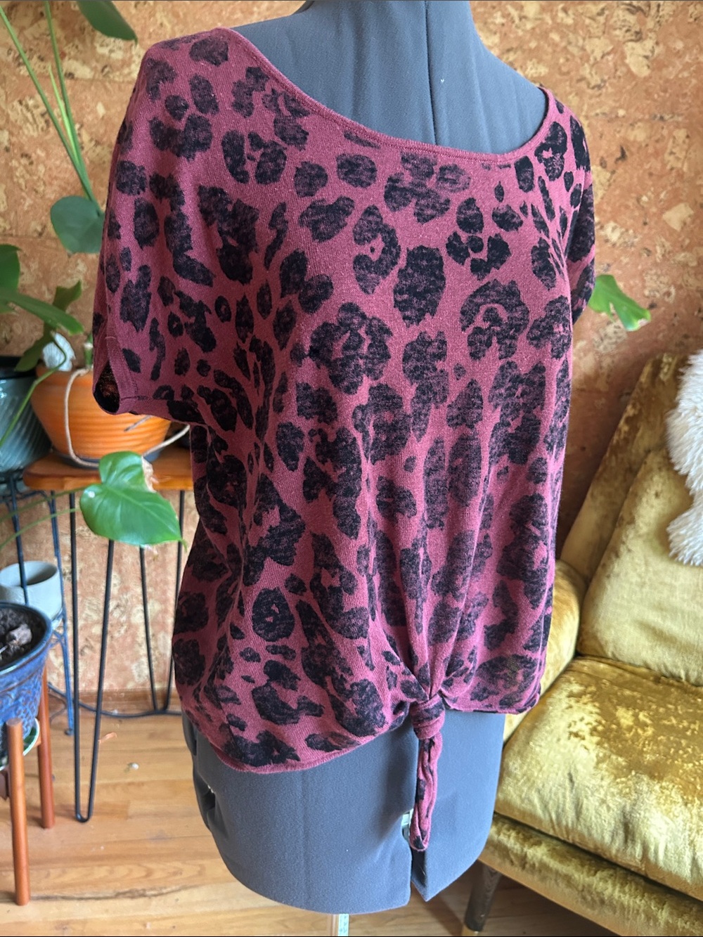 Linen Blend Knit Tie-Front Pink Leopard Print Top